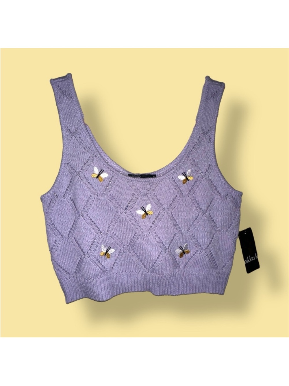 Embroidered Bee Knit Crop Tank Top - Lavender
